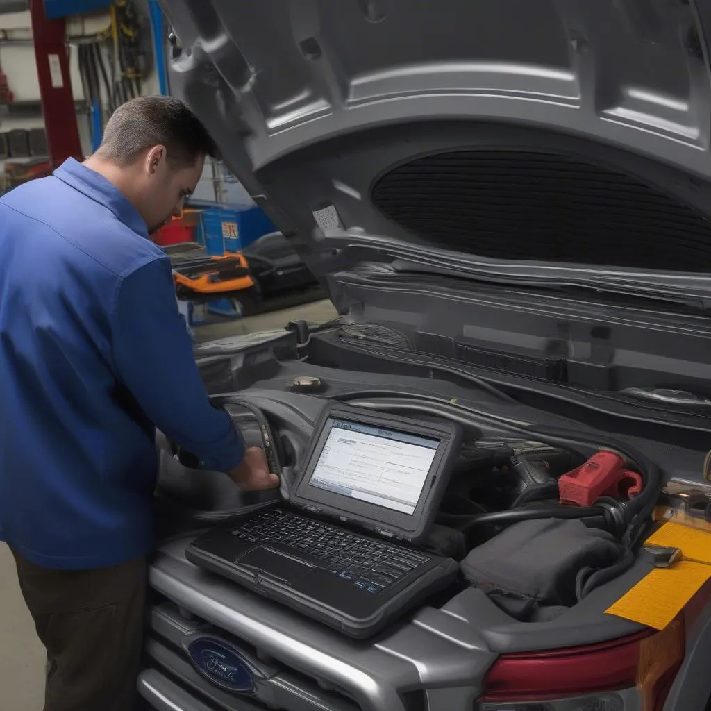 Ford Mechanic Diagnosing Vehicle