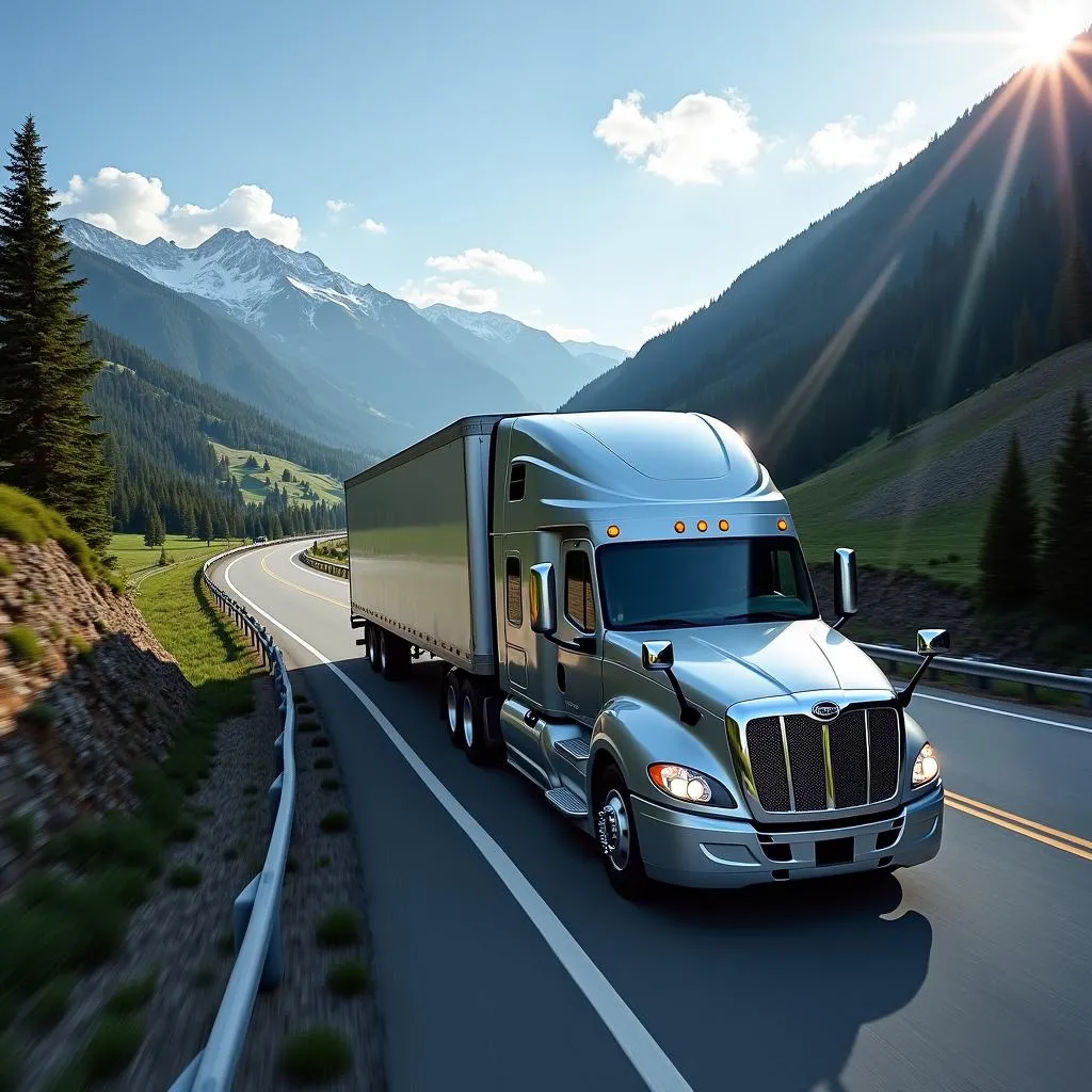 Freightliner Argosy 2014 roulant sur une route montagneuse