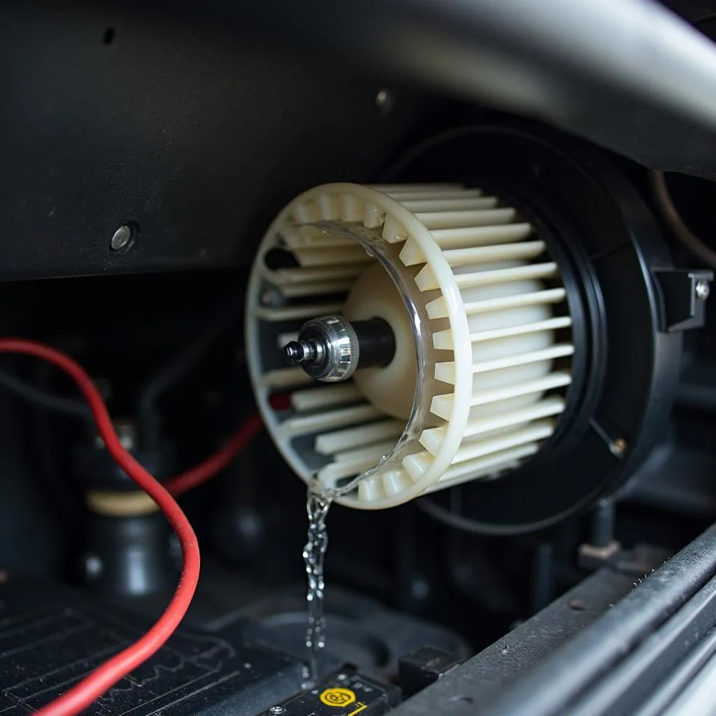 Fuite d'eau au niveau du moteur de soufflage de la climatisation d'une voiture