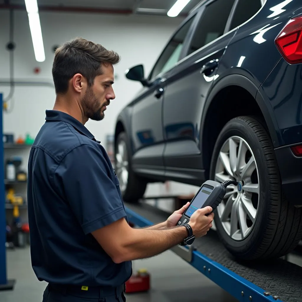 Mécanicien automobile effectuant un diagnostic de panne sur une boîte de vitesses