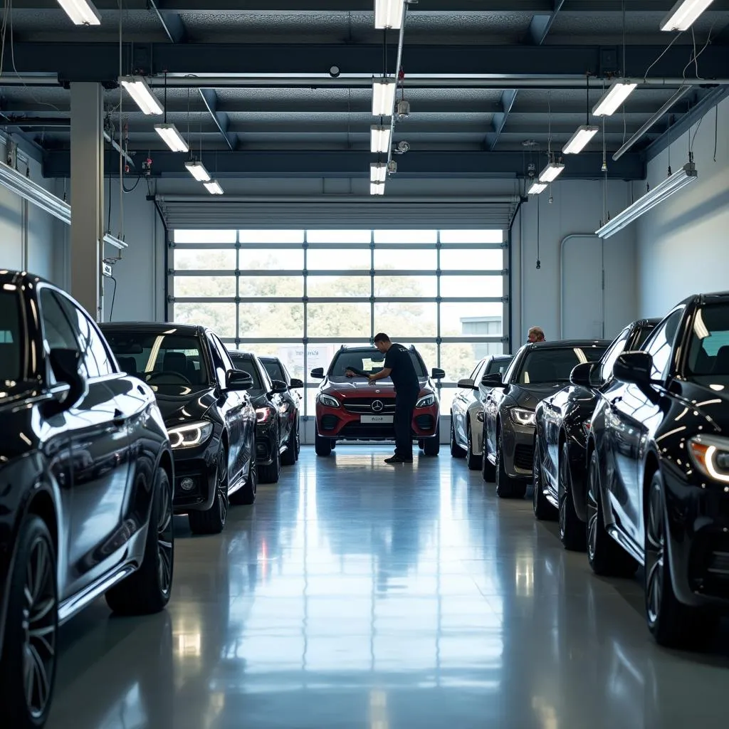 Garage automobile moderne avec une équipe de mécaniciens