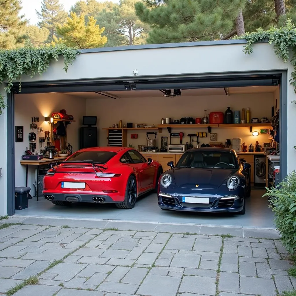 Espace de travail dans un garage pour deux voitures