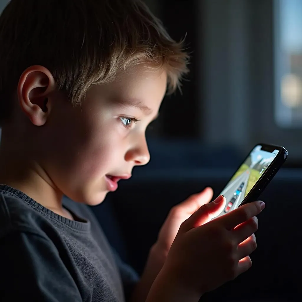 Garçon jouant à un jeu de course de voiture sur son téléphone