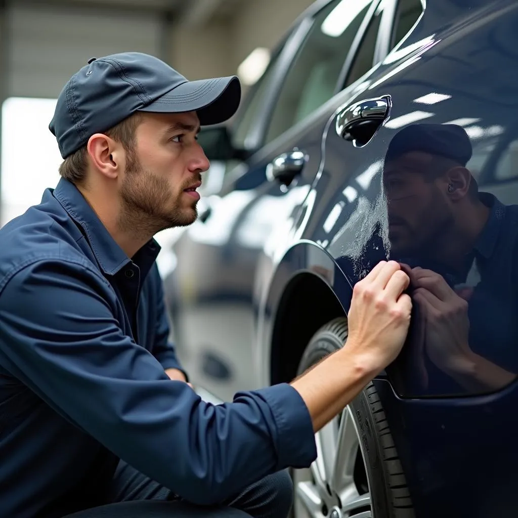 Inspection de la carrosserie d'une voiture endommagée par la grêle