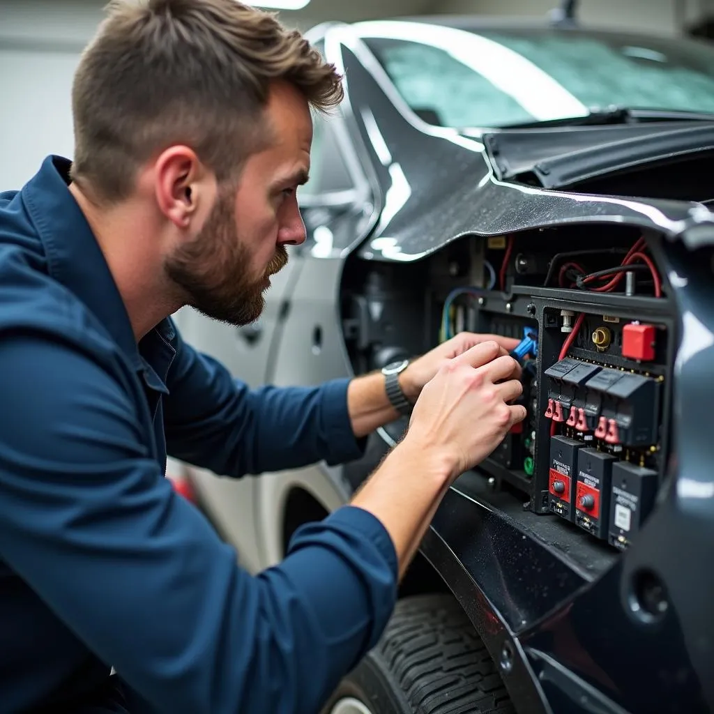 Inspection des systèmes électriques d'une voiture endommagée par la grêle