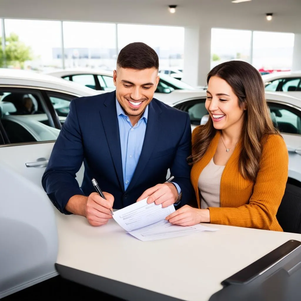 Couple heureux achetant une voiture