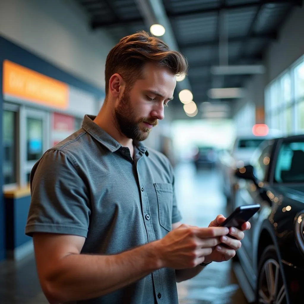 Un homme consulte une application de lavage de voiture sur son téléphone