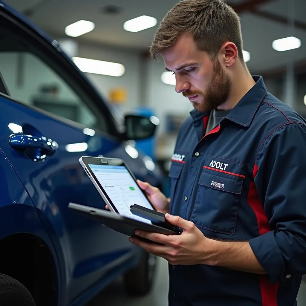 Mécanicien utilisant une tablette numérique pour diagnostiquer une voiture dans un garage