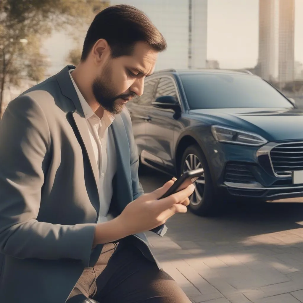 Un homme consulte son smartphone devant une voiture