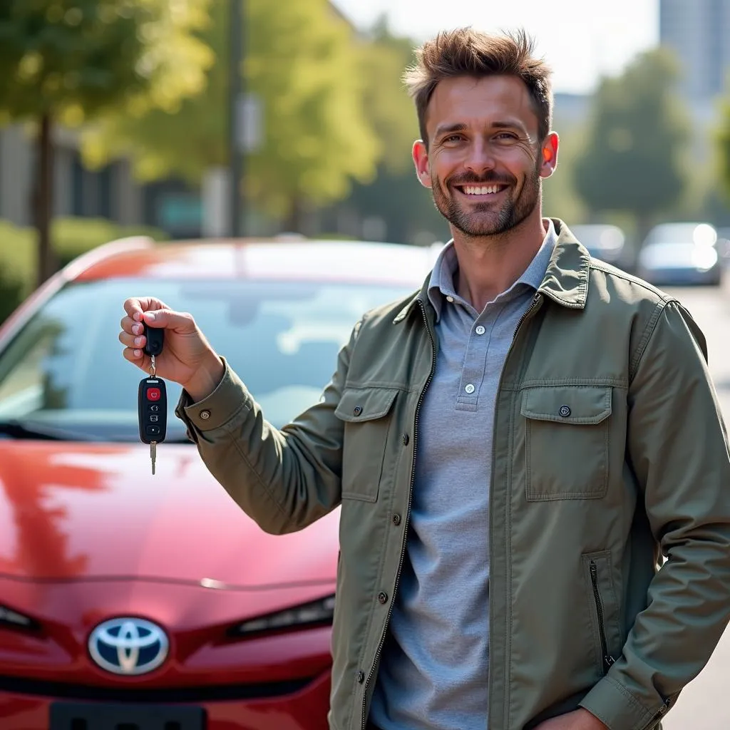 Homme tenant les clés de voiture devant une Prius rouge