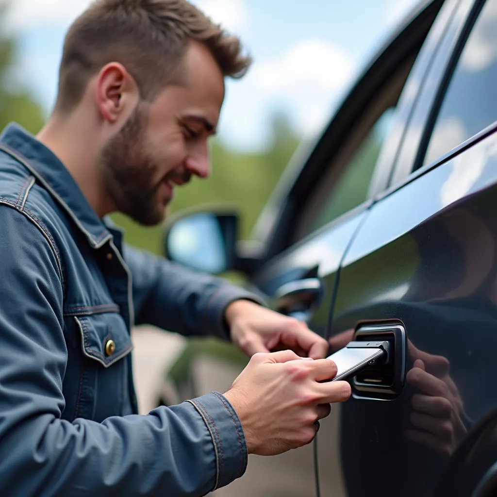 Un homme utilisant un appareil BLM327 OBD pour diagnostiquer sa voiture