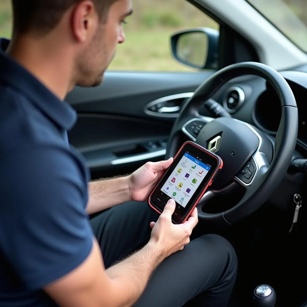 Homme utilisant un outil de diagnostic Point Click sur une Renault Clio