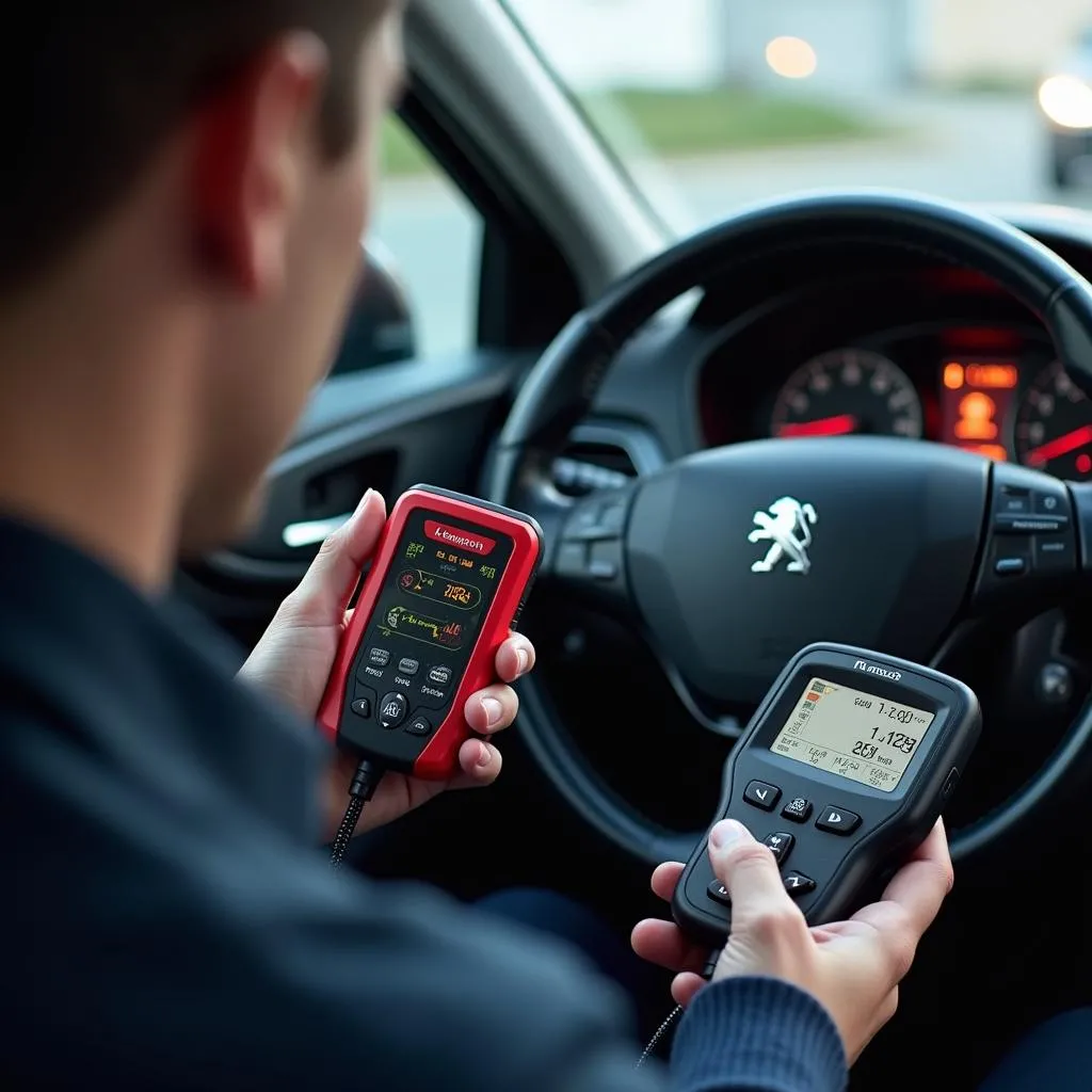 Un homme utilisant un KKmoon OBD pour diagnostiquer un problème sur sa Peugeot 308