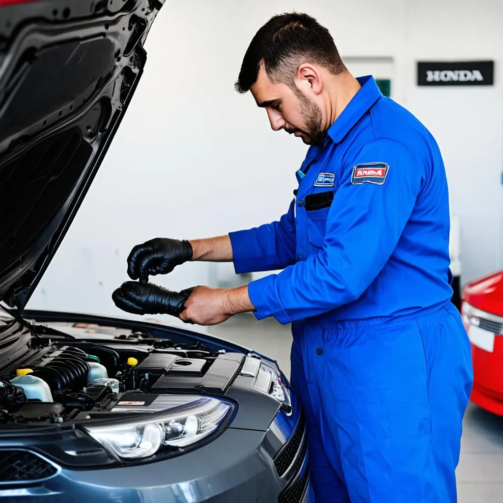 Mécanicien travaillant sur une Honda