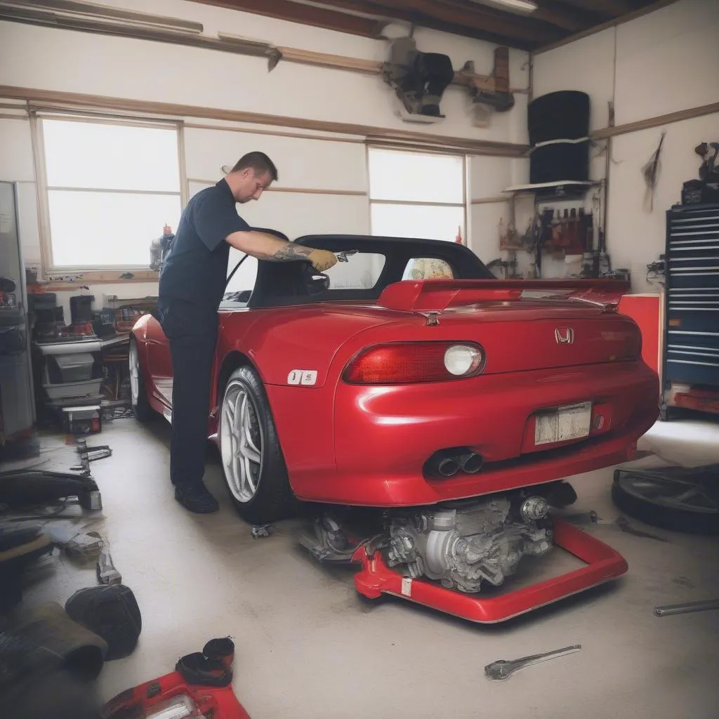 Mechanic working on Honda S2000 engine