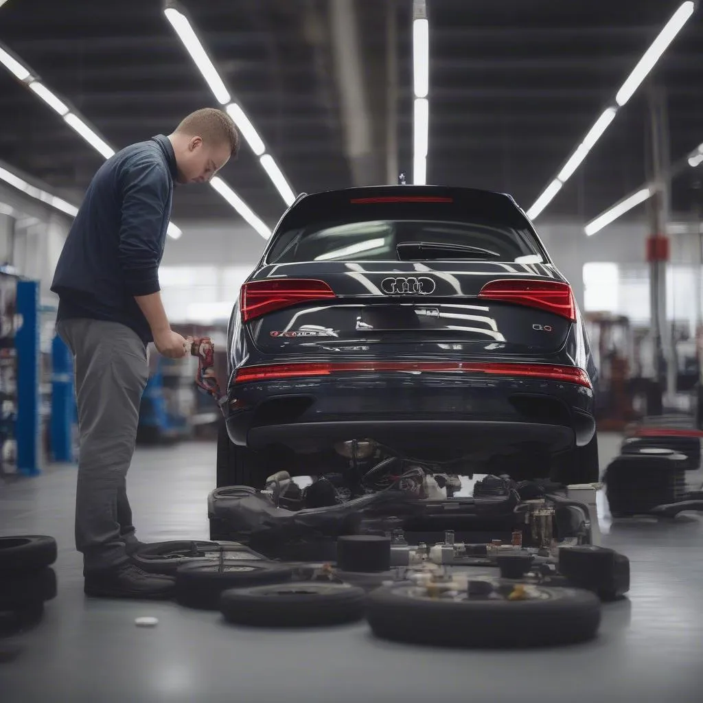 Inspection d'une Audi Q5 2015 par un mécanicien