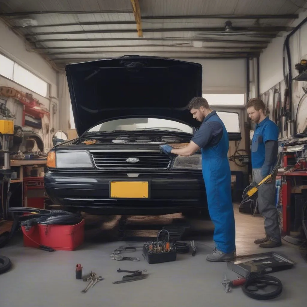 Inspection d'une voiture d'occasion par un mécanicien