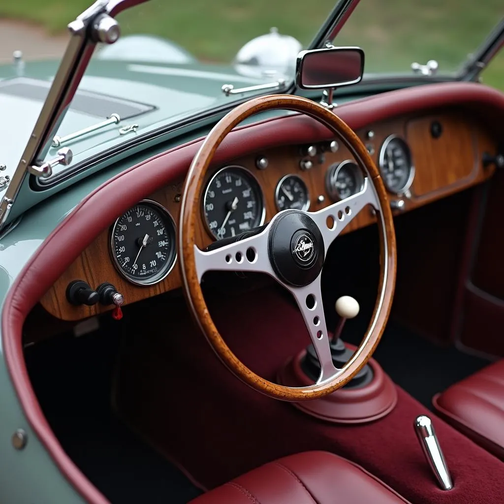 Intérieur d'une Morgan avec un volant en bois et un tableau de bord classique