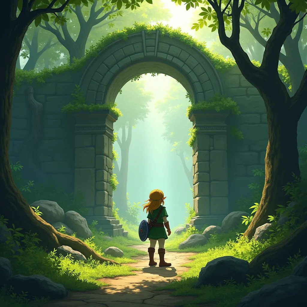 Un joueur de Zelda explore des ruines anciennes dans une forêt luxuriante, éclairée par des rayons de soleil.