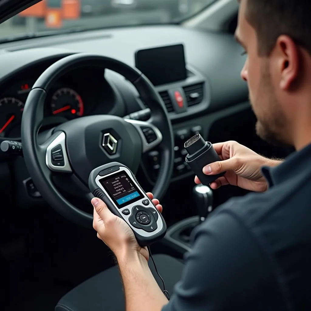 Lecteur de code OBD branché sur une Renault Clio