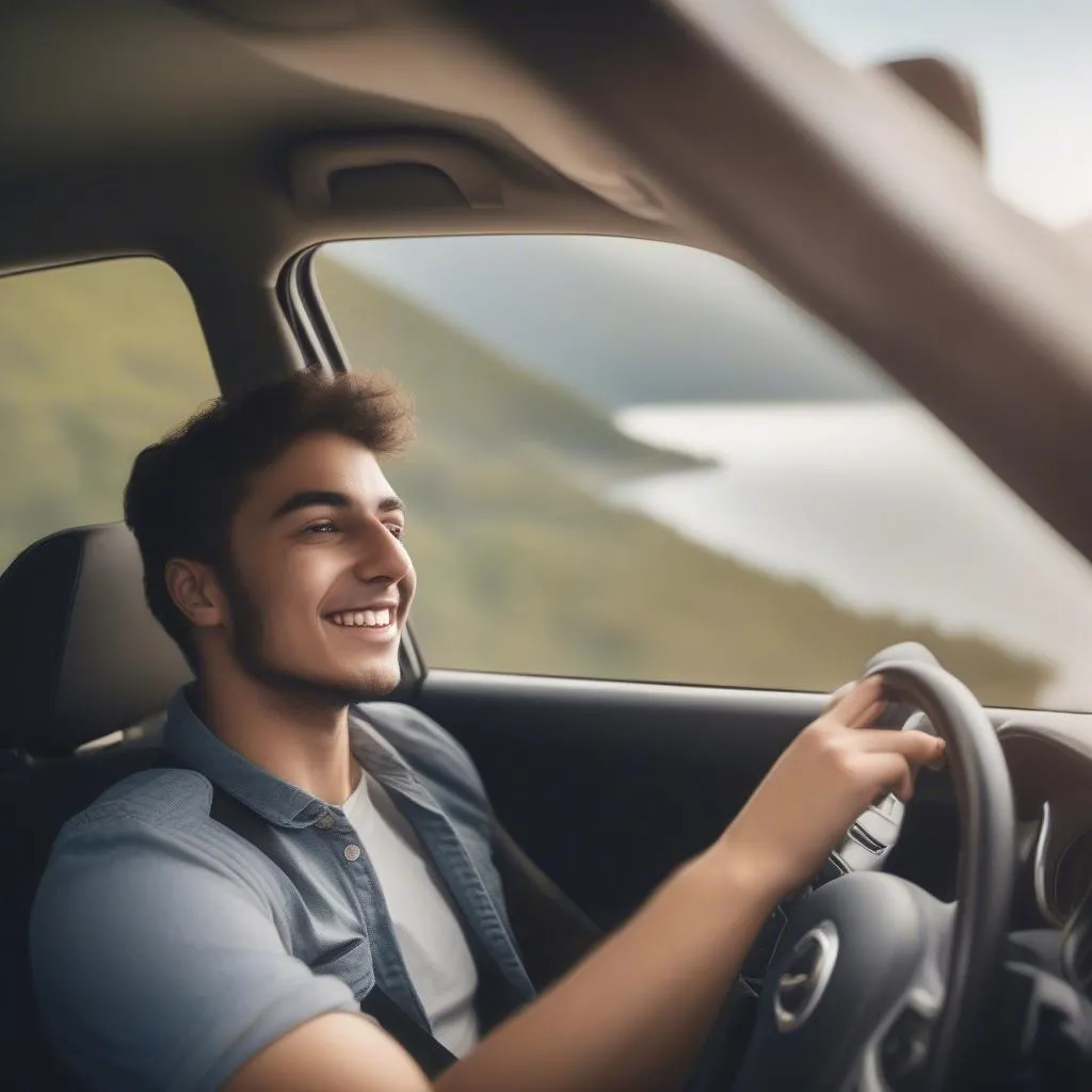 Un jeune homme conduisant une voiture de location