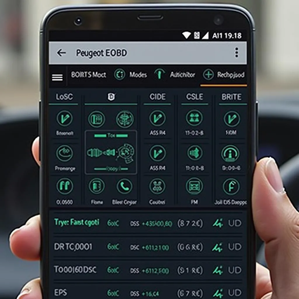 Interface du logiciel EOBD OBD sur un smartphone connecté à une Peugeot