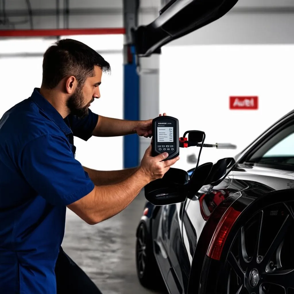 Un mécanicien utilisant un outil de diagnostic Autel sur une voiture