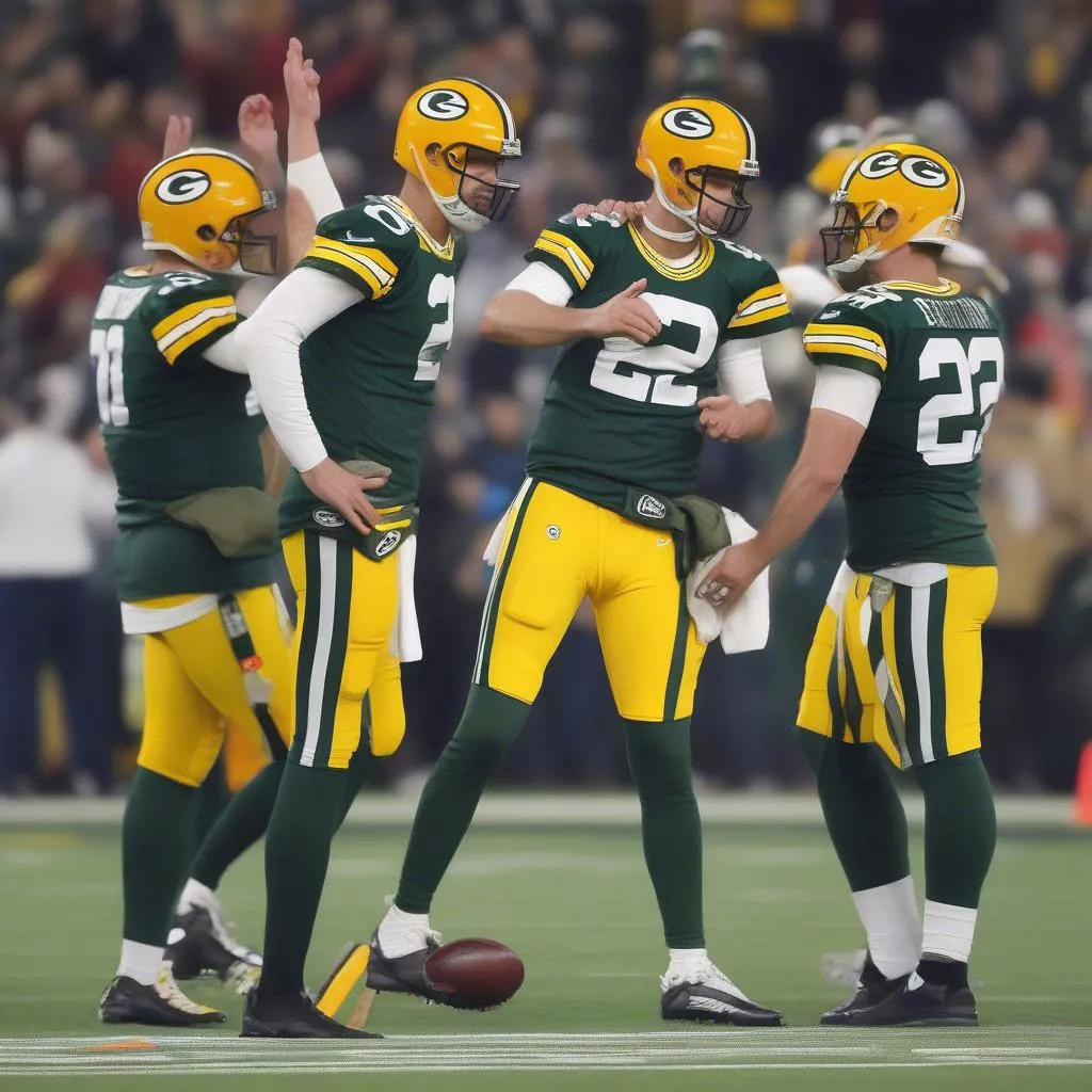 Mason Crosby célèbre un field goal avec ses coéquipiers