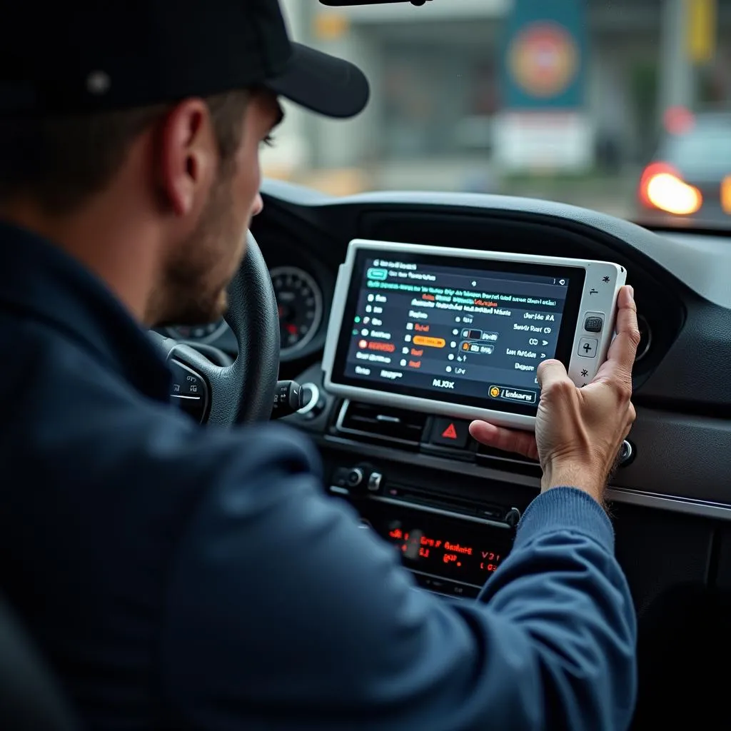 Mécanicien analysant les codes d'erreur sur un scanner BMW OBD 1 V12