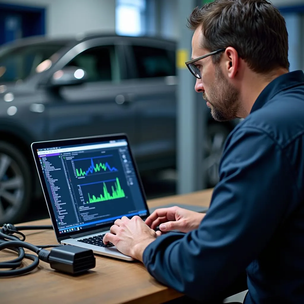 Mécanicien analysant les données d'un scanner OBD sur Visual Studio