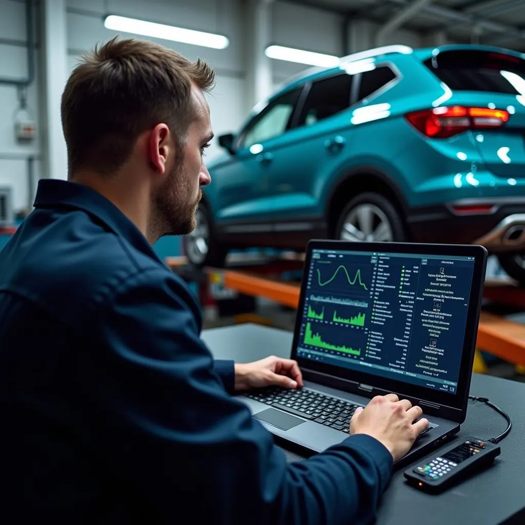 Mécanicien analysant les données OBD sur une Seat Ateca