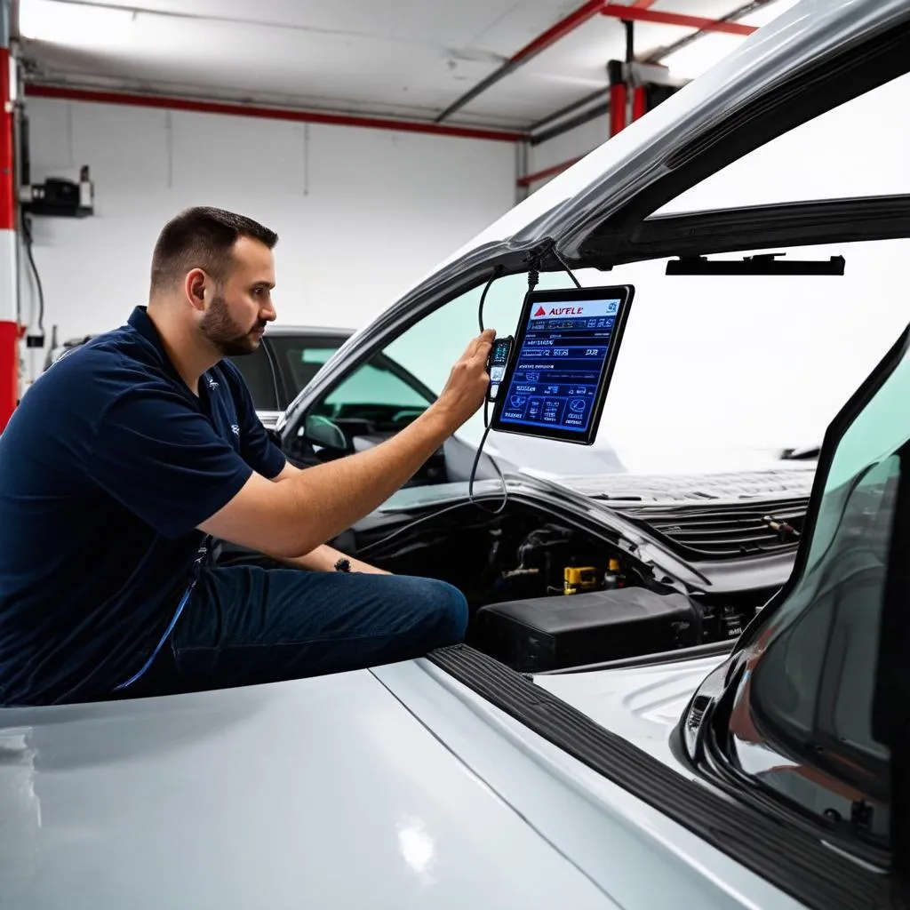 Mécanicien utilisant un autel de diagnostic dans un garage