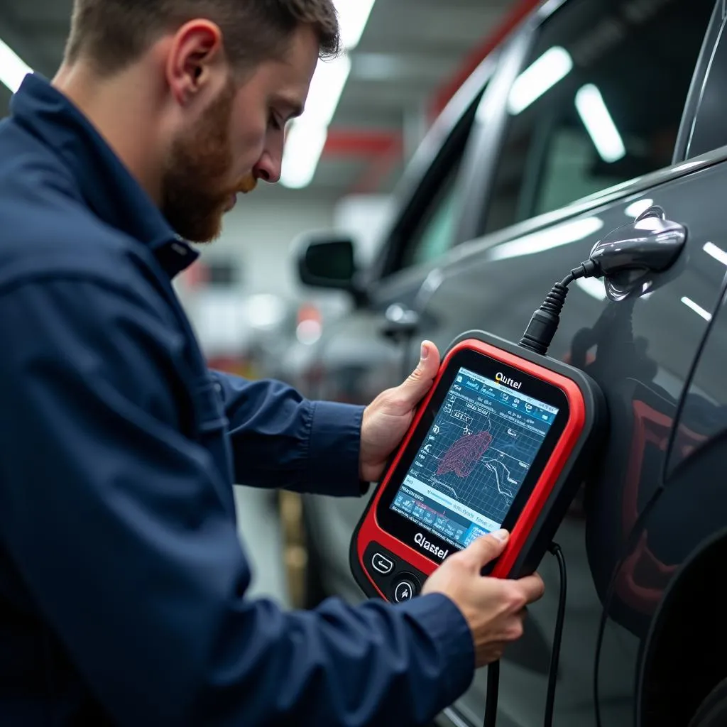 Mécanicien utilisant un outil de diagnostic électronique sur une voiture