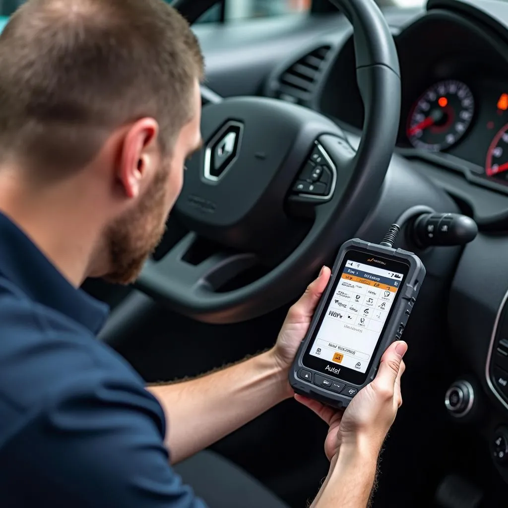 Mécanicien utilisant un outil Autel pour diagnostiquer une Renault Clio