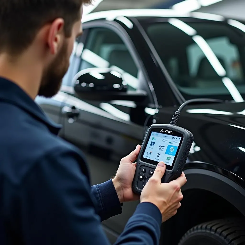 Un mécanicien utilisant un outil de diagnostic Autel sur une voiture