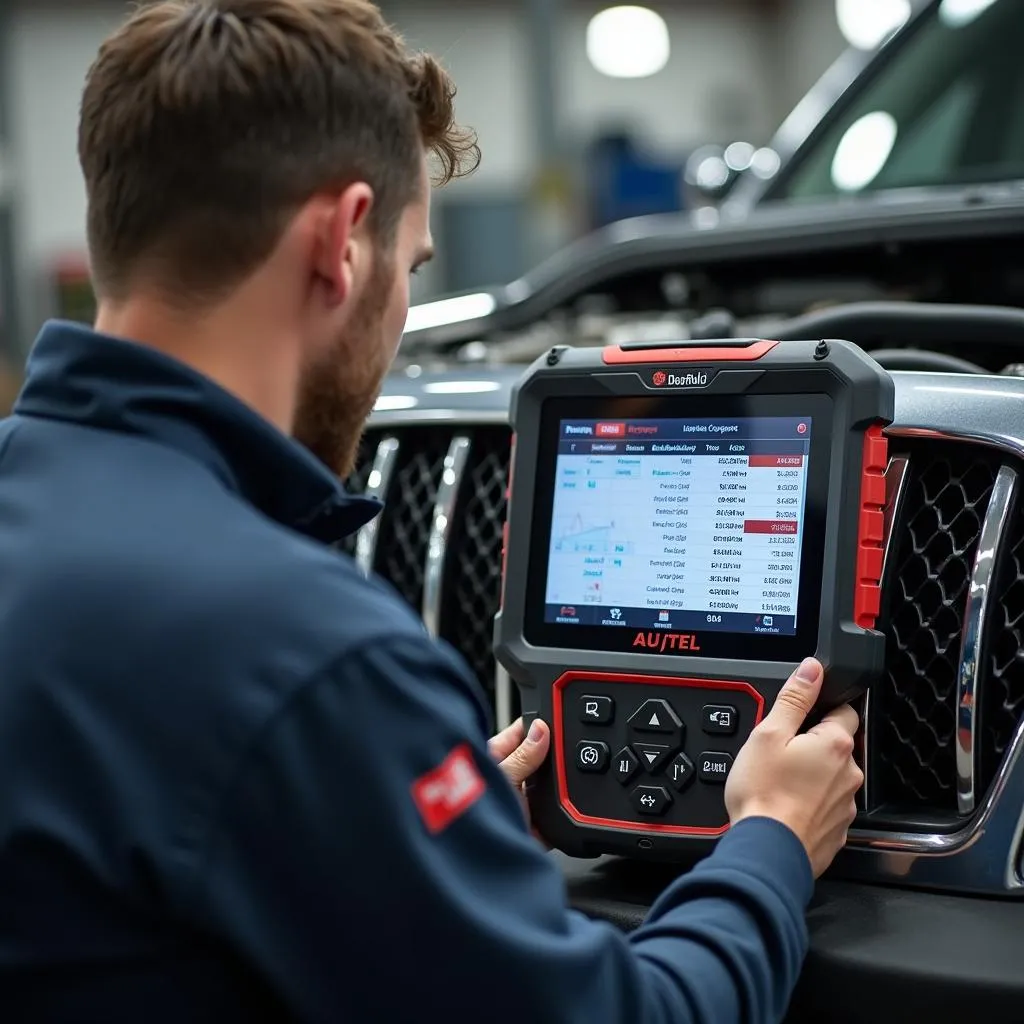 Mécanicien utilisant Autel MaxiCom dans un atelier