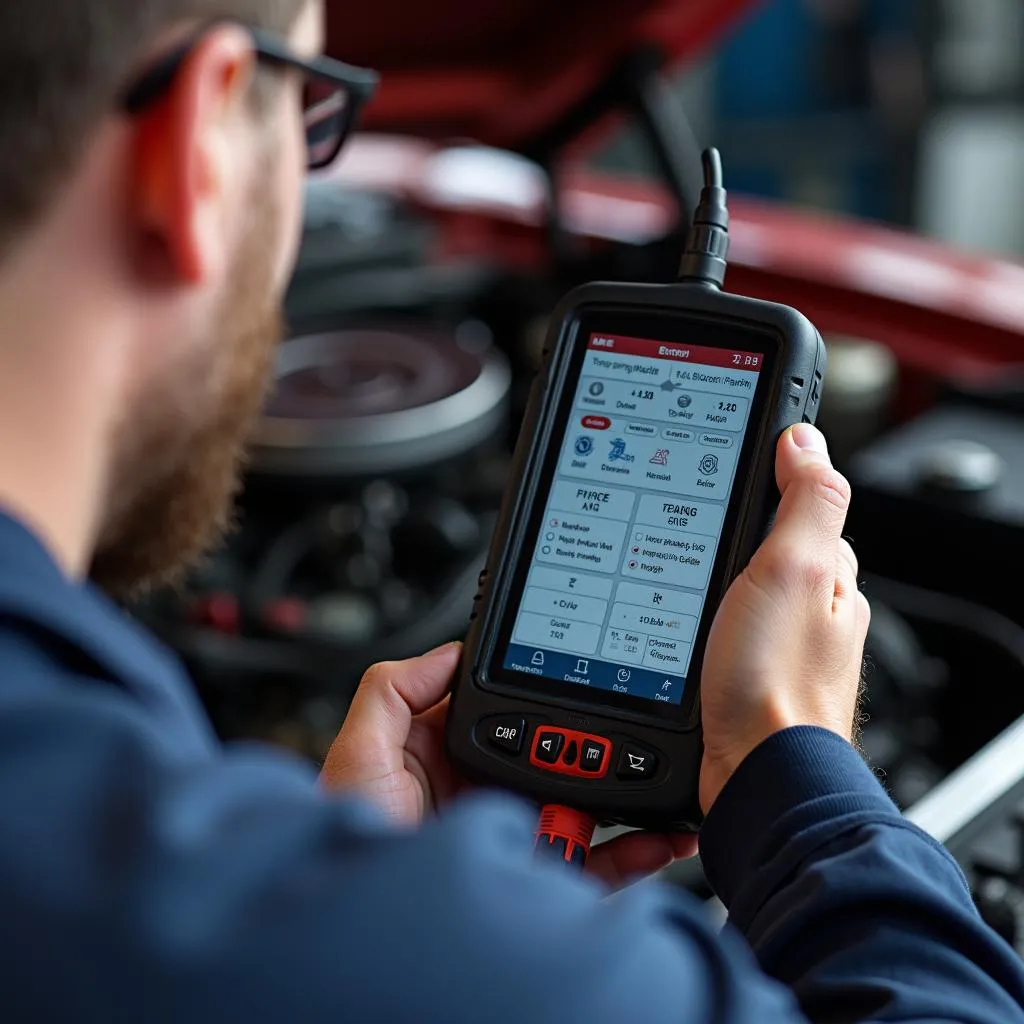 Un mécanicien utilise un outil de diagnostic Autel pour analyser les problèmes de moteur d'une Ford Mustang classique.