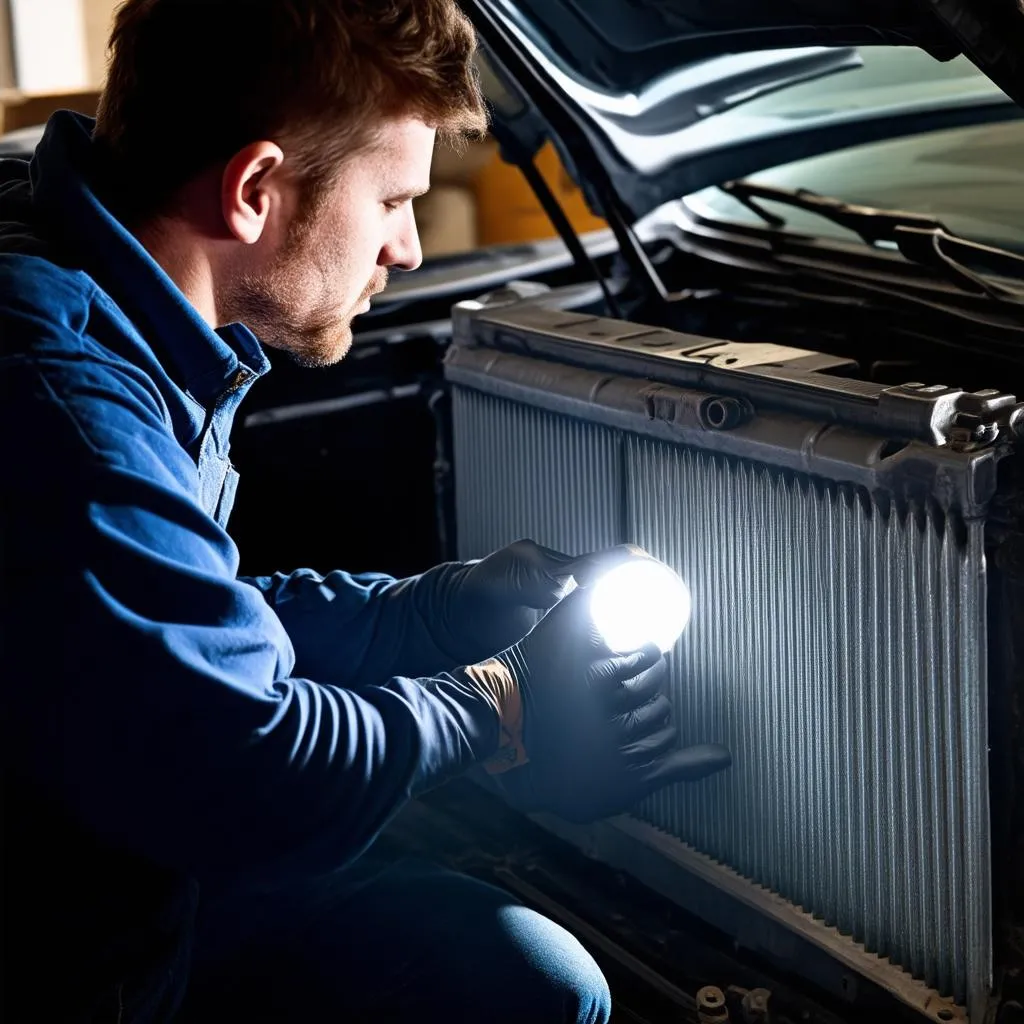 mécanicien automobile inspectant un radiateur