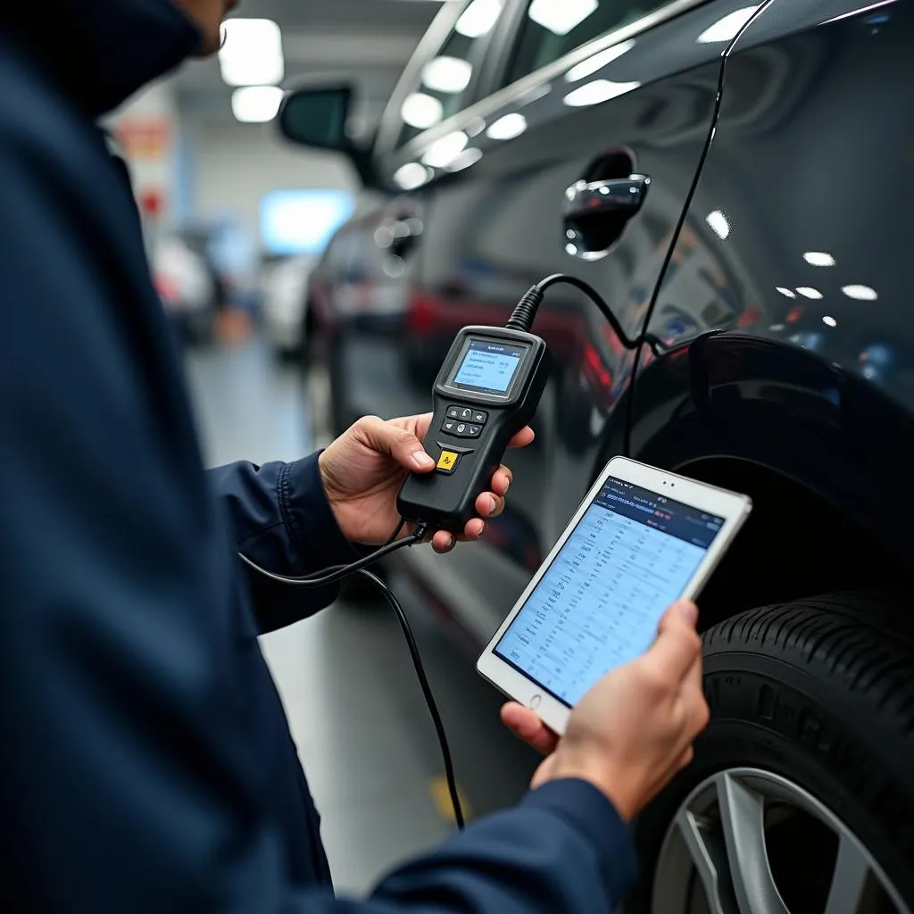 Mécanicien automobile effectuant un diagnostic électronique