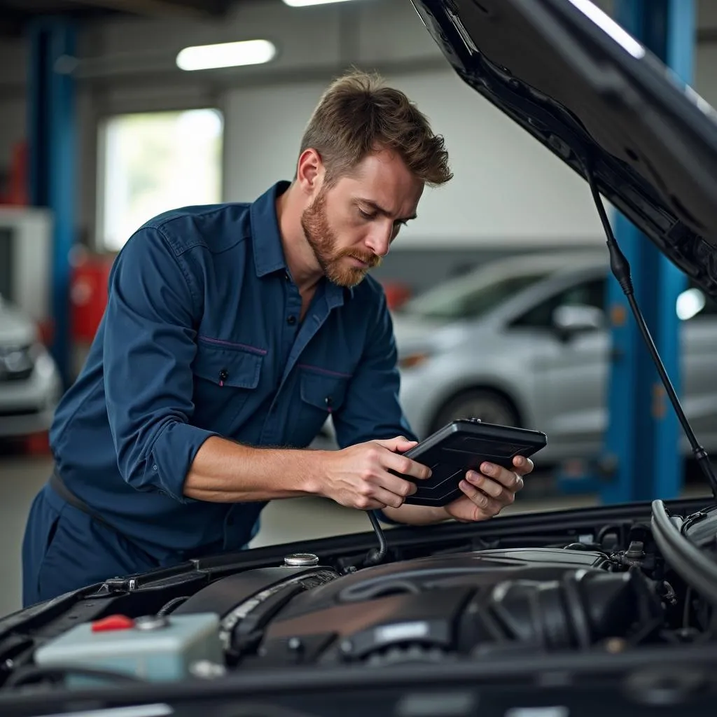 Mécanicien automobile effectuant un diagnostic sur une voiture