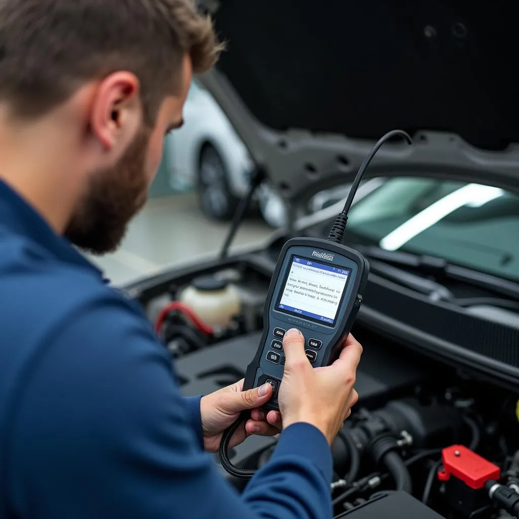 Mécanicien automobile examinant le moteur d'une voiture avec un scanner