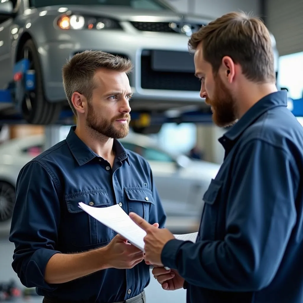 Mécanicien automobile expliquant une réparation à un client dans un garage