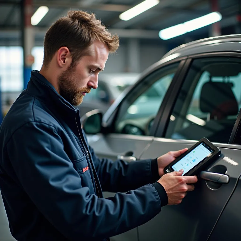 Mécanicien automobile Fequet utilisant un outil de diagnostic