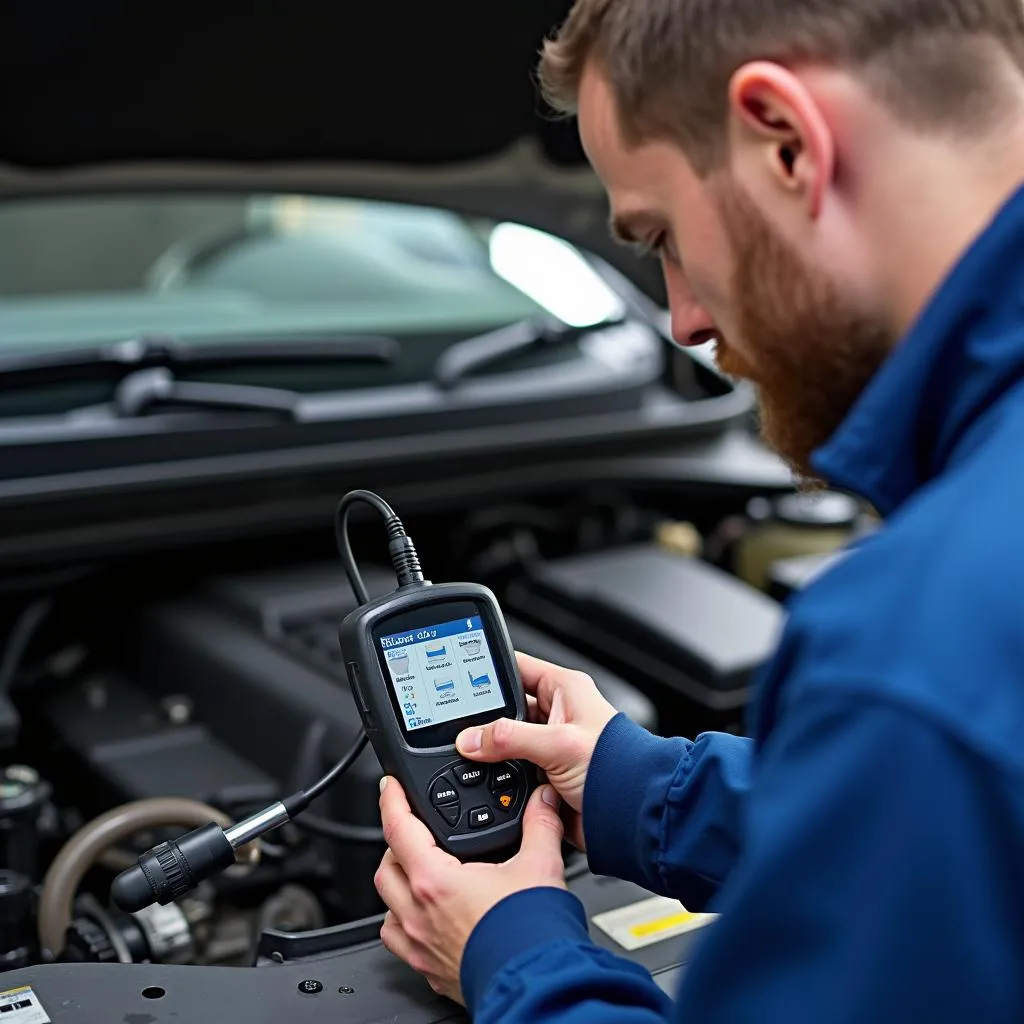 Mécanicien utilisant un outil de diagnostic automobile