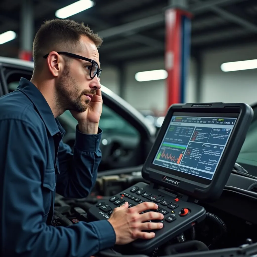 Mécanicien automobile perplexe devant l'ordinateur de diagnostic d'une voiture