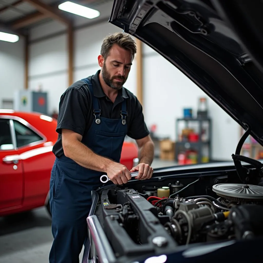 Mécanicien automobile travaillant sur le moteur d'une voiture