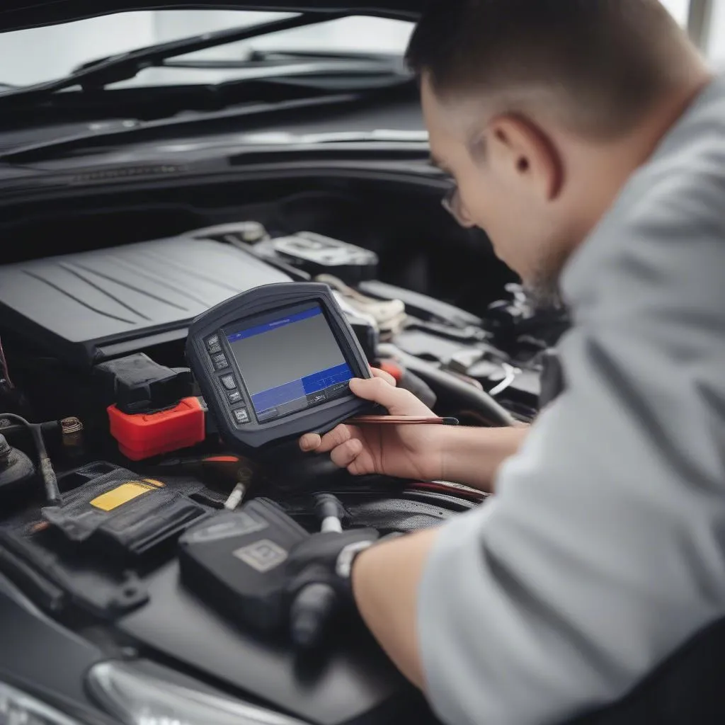 Mécanicien automobile utilisant un outil OBD