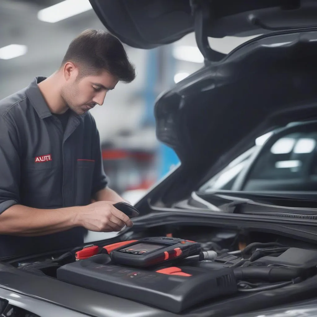 Mécanicien automobile utilisant un scanner Autel Français pour diagnostiquer une voiture européenne