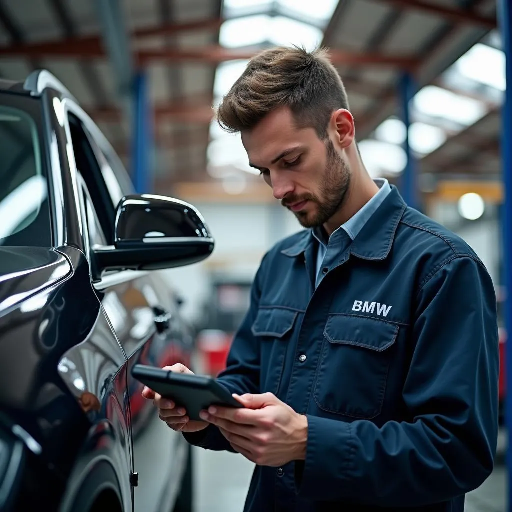 Mécanicien BMW diagnostiquant une voiture en atelier