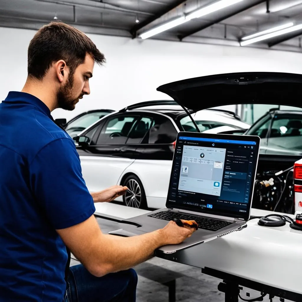 Mécanicien diagnostiquant une BMW